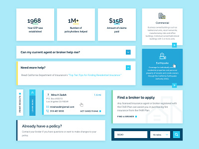 California Fair Plan :: UI Elements accordion broker button card style cards components coverage elements faq fire insurance insurance plan policies resources stats ui ui design web design