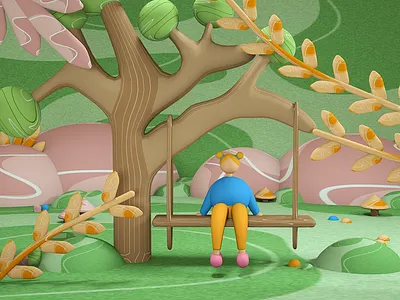 BEAUTIFUL NATURE 3d 3d designer background blue cinema 4d design flat flower girl graphic design illustration leaf mashroom nature pink plant swing tree ui yellow