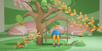 BEAUTIFUL NATURE 3d 3d designer background blue cinema 4d design flat flower girl graphic design illustration leaf mashroom nature pink plant swing tree ui yellow