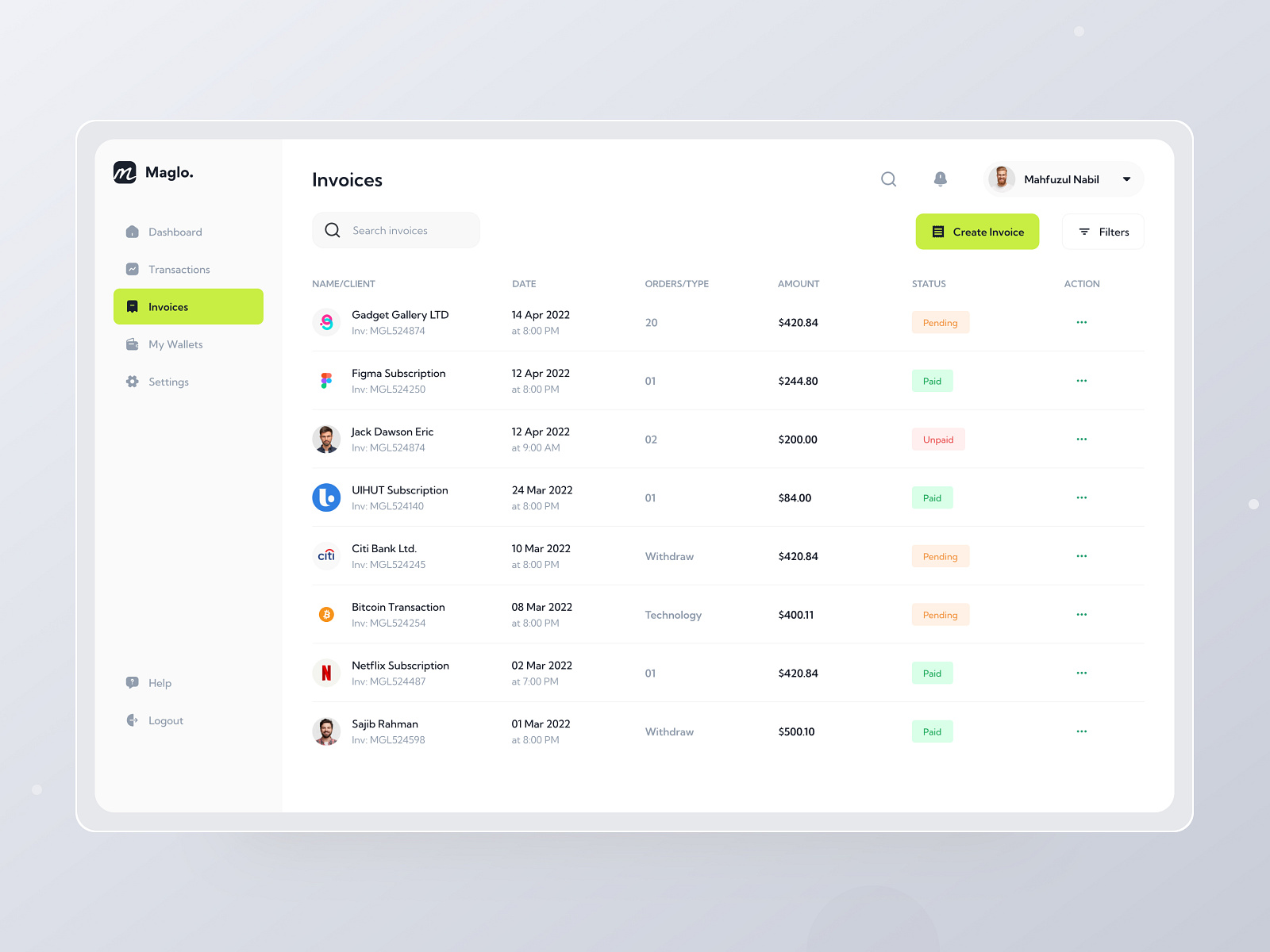 Invoice List UI Design by Sajib Rahman on Dribbble