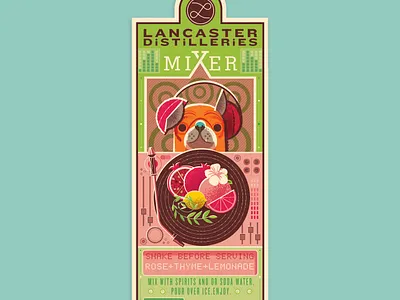 Lancaster Distilleries Mixer Labels branding dj dog illustration fruit illustration label design logo midcentury packaging pug record