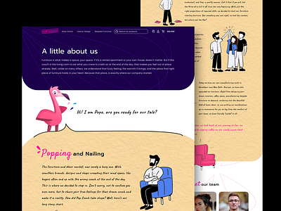 About Us - PopCouch eCommerce Website about us branding company design flamingo furniture graphic design illustration man mascot sofa ui ux vector website