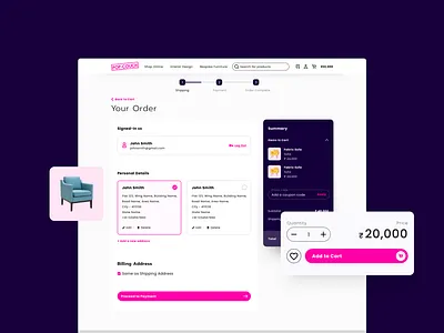 Checkout Flow - Furniture eCommerce Website branding buy cart checkout design ecommerce furniture graphic design sofa ui ux vector website