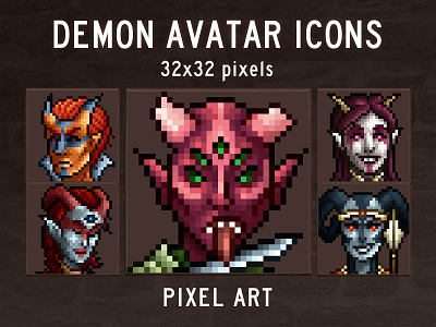 Demon Avatar 32x32 Icons 2d 32x32 art asset assets avatar demon demons fantasy game game assets gamedev icon icons indie indie game pixel pixelart pixelated rpg