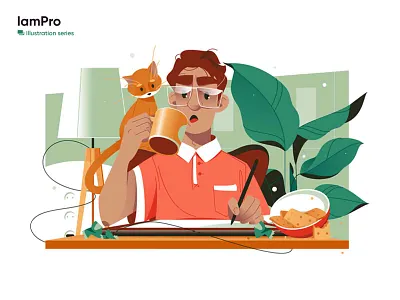 Artist drawing on graphic tablet 2d illustrator 3d illustrator cat character coffee designer flat food graphic illustration illustrator kit8 man office tablet vector