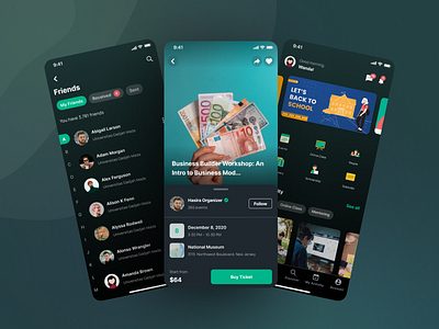 Linkonec - Home, Friend List, Event Details (Dark Mode) app card card dashboard dark mode e learning event page friend list home dashboard mobile mobile app online course online learning social media social profile students study app teacher ui ui kit ux