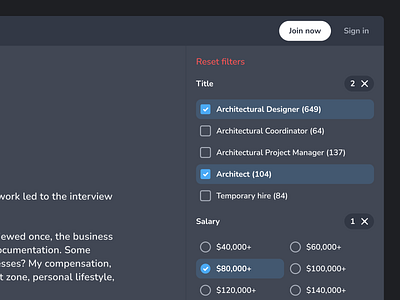 Architable Sidebar Filter B2B SaaS app architect b2b clear cta enterprise filter job join minimal navigation position product design saas salary search sidebar sign in ux web app