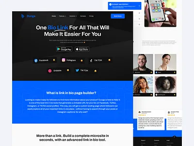 Dunga - Bio Link Landing Page bio bio link branding clean dark design landing page link media page poppular qr qr code social social media ui ux web website website design