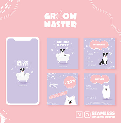 Seamless instagram feed and logo for a grooming salon banner bath border collie branding cartoon design dog dogs graphic design grooming illustration instagram kawaii logo samoyed seamless shpitz social media typography vector