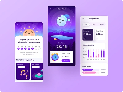 Sleepy - Sleep Monitoring App | sunnyday app clock day design gradient habit illustration mobile month moon mount night sky sleep star time ui ux vector week