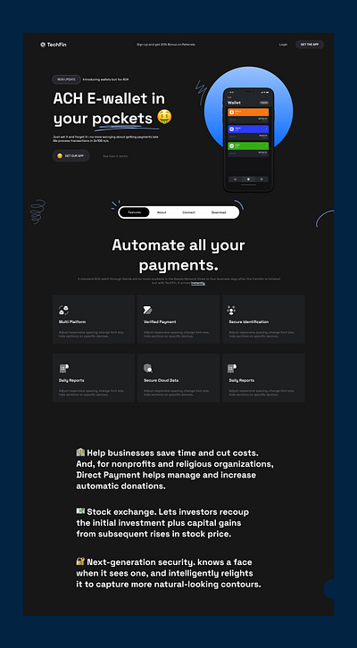 E-Wallets (ACH) dark design inspiration interface landing page ui uiux