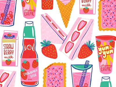 Strawberry Snacks & Drinks art artwork digital art digital illustration food art food artist food illustration food illustrator illustration pattern design procreate repeat pattern surface pattern surface pattern design