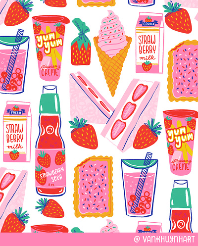 Strawberry Snacks & Drinks art artwork digital art digital illustration food art food artist food illustration food illustrator illustration pattern design procreate repeat pattern surface pattern surface pattern design