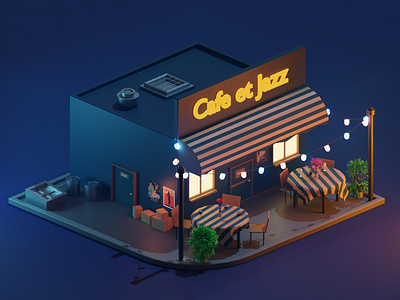 Cafe et Jazz 3d 3dart 3dartist 3dmodeling 3drender blender blender 3d cafe city cycles design illumination illustration isometric jazz low poly lowpoly modeling render