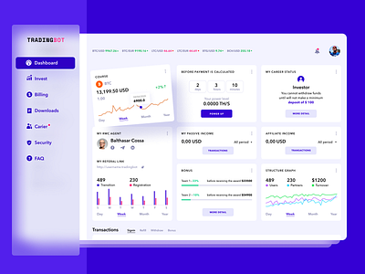 Trading Bot Dash clean design crypto curency interface investment services trading planform ui user experience ux