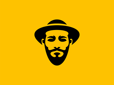 Bearded Man With Hat Logo barber beard branding design face gentleman hat identity illustration logo man mark modern negative space premium shadow sir symbol vector yellow
