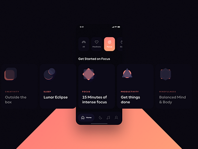 Focus & Meditation App abstract app carmen sans focus gradient iconography ios meditation minimalistic sleep ui ux