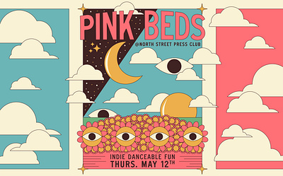 Pink Beds Show Art abstract bed branding clouds eyeball flowers horizon illustration indie rock logo moon music industry pink rock poster sky space stars sun thick lines vector