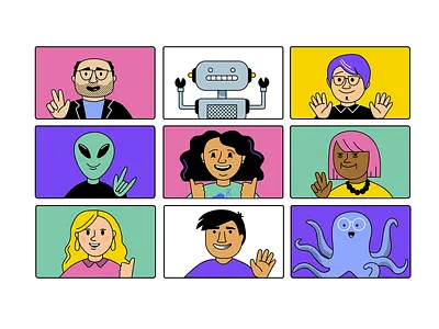 Clients zoom meeting 2d branding clients comics covid design doodle graphic design illustration meeting people robot ui vector virtual zoom