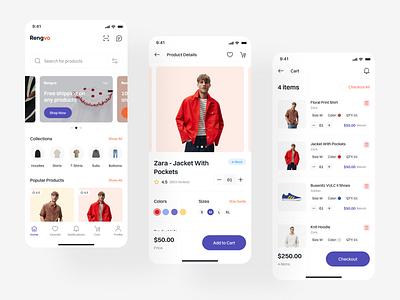 Rengvo Ecommerce App UI Kit add to cart creative market ecommerce ecommerce ui kit minimal mobile app mobile app design mobile design mobile ui paid ui kit shopping app shopping ui kit ui kit ui ux design