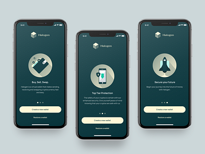 Crypto Wallet Onboarding app blockchain blockchain design branding crypto dapp darkmode design figma green logo minimal mobile onboarding ui ux wallet web3 web3 design