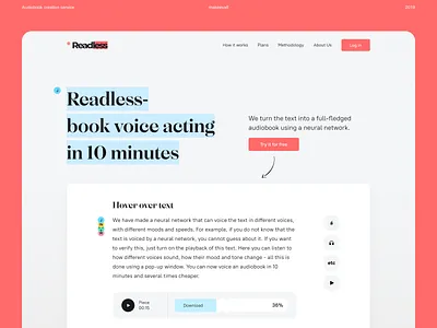 Readless — book dubbing service audio book branding clean graphic design landing landing page pink service ui лендинг сервис