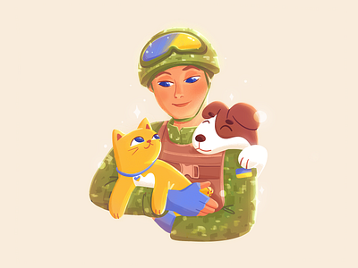 Every Life is Precious! 2d cat character cute dog embrace flat hands hug illustration kitty life love man peace procreate soldier ukraine war world