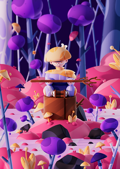 Lost in Wonderful Land 3d 3dart 3dcharacter art c4d cinema4d color forest illustration mushroom nature redshift smooth