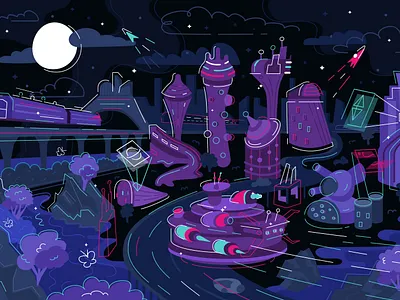 futuristic night city. moonbeam x marco blockchain car cartoon city crypto cyberpunk design fantastic flat flying futuristic illustration liner moon moonbeam neon outline sci fi subway vector