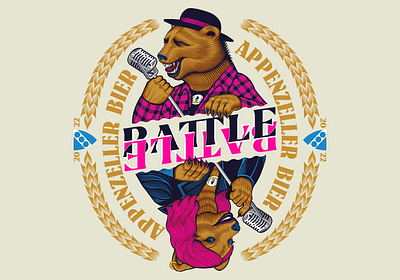 "BATTLE" graphic for Appenzeller Bier anthropomorphic bears beer beer label branding curtis illustration illustration illustrations logo logo design plaid poster art silkscreen singing vector vector art