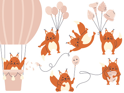 Cute adorable squirrel with balloons animal baby animal balloon cartoon cartoon character character design childish chipmunk clipart cute animal flat design hand drawn kid art kid illustration nursery nursery art poster design squirrel vector vector illustration