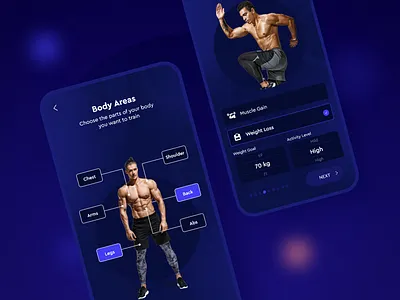 Fitness App Onboarding Screens app app design body building dark ui fitness app fitness ui graphic design onboarding screens ui user experence design ux workout