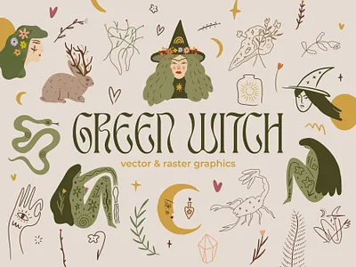 Green Witch Bundle boho bundle girl witch green palette green witch illustration magic magical mystical sacred sage green scorpio set snake spell vector vector elements witchcraft elements witchy woman