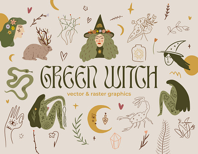 Green Witch Bundle boho bundle girl witch green palette green witch illustration magic magical mystical sacred sage green scorpio set snake spell vector vector elements witchcraft elements witchy woman