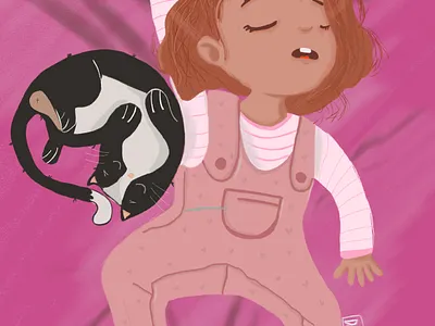 Little girl and her cat illustration