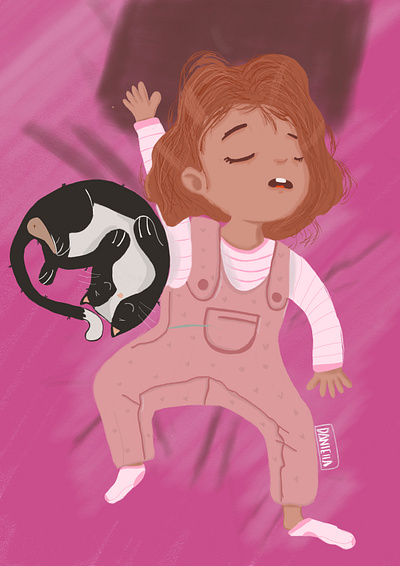 Little girl and her cat illustration