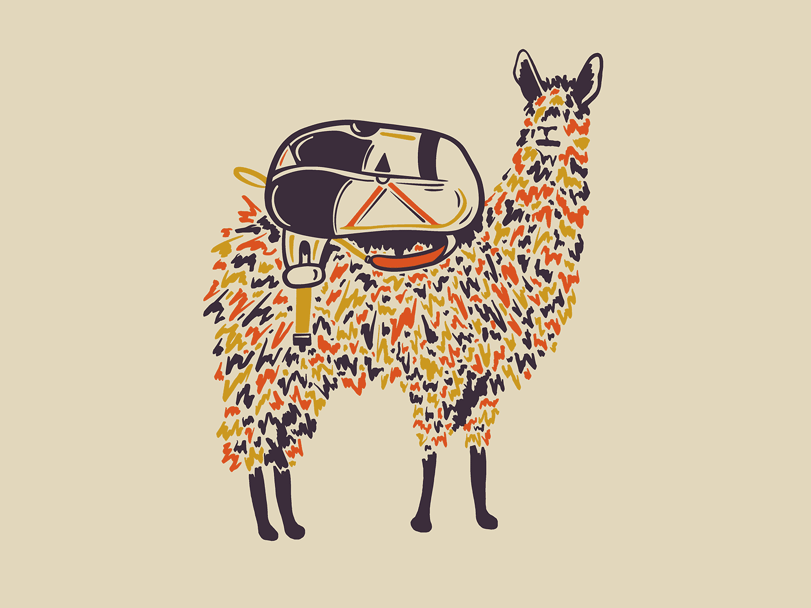 A llama for an outdoor gear brand. apparel art direction art director branding campaign campaign assets campaign direction creative director graphics illustration merch outdoor gear screenprint screenprinting shirt shirt graphics silkscreen swag t shirt traditional design