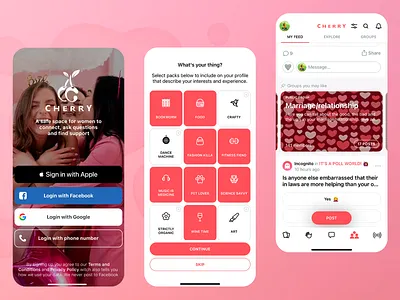 Women Social Networking App - Cherry community app experiences fashion fitness food interests intuitive design marriage online chatting online forum pet lover pink them e relationships social app social media social networking social support ui user profiles women networking