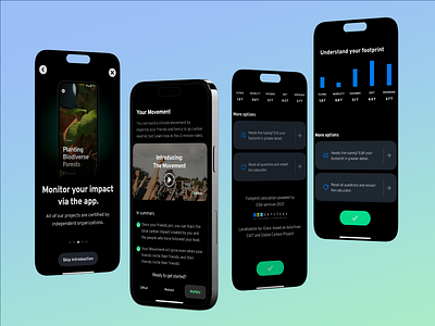 Carbon Footprint mobile app - concept design app biodiverse carbon carbon effect carbon tracker climate action climate change dark themed data visualization eco friendly emissions environmental impact environmental projects environmetal design footprint calculator green layout plant responsive layout sustainabilty app uxui