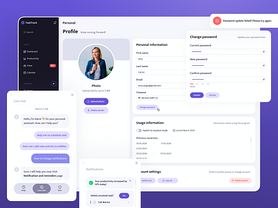 Personal Profile in Task tracking platform ai chat clean desktop gotoinc management minimal modern password profile project settings simple tasktracking tracking ui user userpage userprofile ux