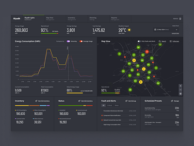 Smart City - Lighting management dashboard for Riyadh analytics bar chart charts city management dark mode dashboard data data visualization iot light management line chart map middle east monitoring real time data smart city stats top navigation urban tech web design