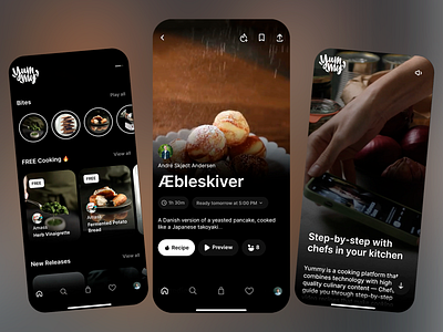 Yummy - Cooking Recipe App chef clean layout cooking cooking tech cooking tips cooking tutorials cusines danish cusine dark themed easy navigation food app grocery ingredients interactive recipes meal planning mobile app pancake recipe app ui ui ux