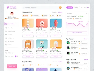 PROXART - Dashboard UI Design blockchain crypto exchange cryptoart cryptocurrency dashboard ethereum futuristic light theme market marketplace nft nft product nft trade nfts token trade trading ui design ux design wallet