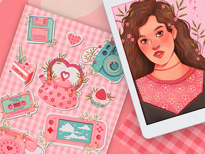Cute stickers art artwork branding cute design drawing girl graphic design illustration leaves logo pink portrait strawberry ui
