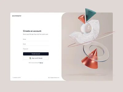 Sign up page — Untitled UI 3d 3d shape abstract abstract shape blender create account figma form log in login minimal minimalism sign up signup simple split screen web design webflow
