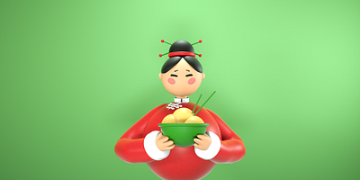 3D CHINESE GIRL 3d 3d designer azian black chinese chinesegirl cinema 4d design eat flat food girl graphic design green hair illustration logo noodles red ui