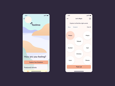 Feelmo - explore your emotions branding bubble cbt doodle emotion emotions feeling home illustration illustrator ios mental health mobile pink procreate selection therapy ui ux vector