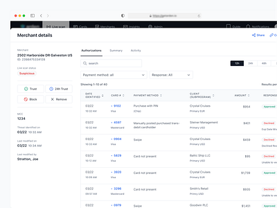 Merchant details bottom sheet clean dashboard design enterprise finserv fintech form fraud interface modern monitor product saas software table ui