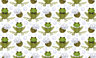 Fansy frogs fabric graphic design hand drawn illustration kids design seamless pattern wallpaper watercolor