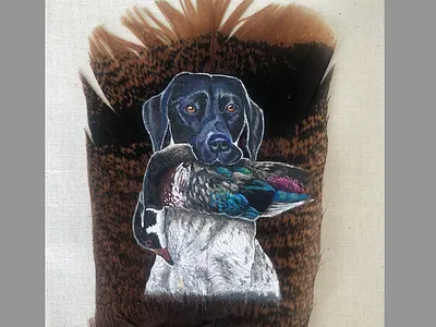 Dog with a Duck acrylic dog duck feather turkey wood duck